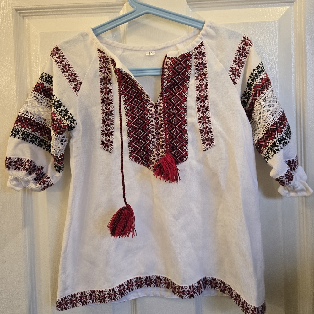 Girls White Embroidered Peasant Top with Red Accents